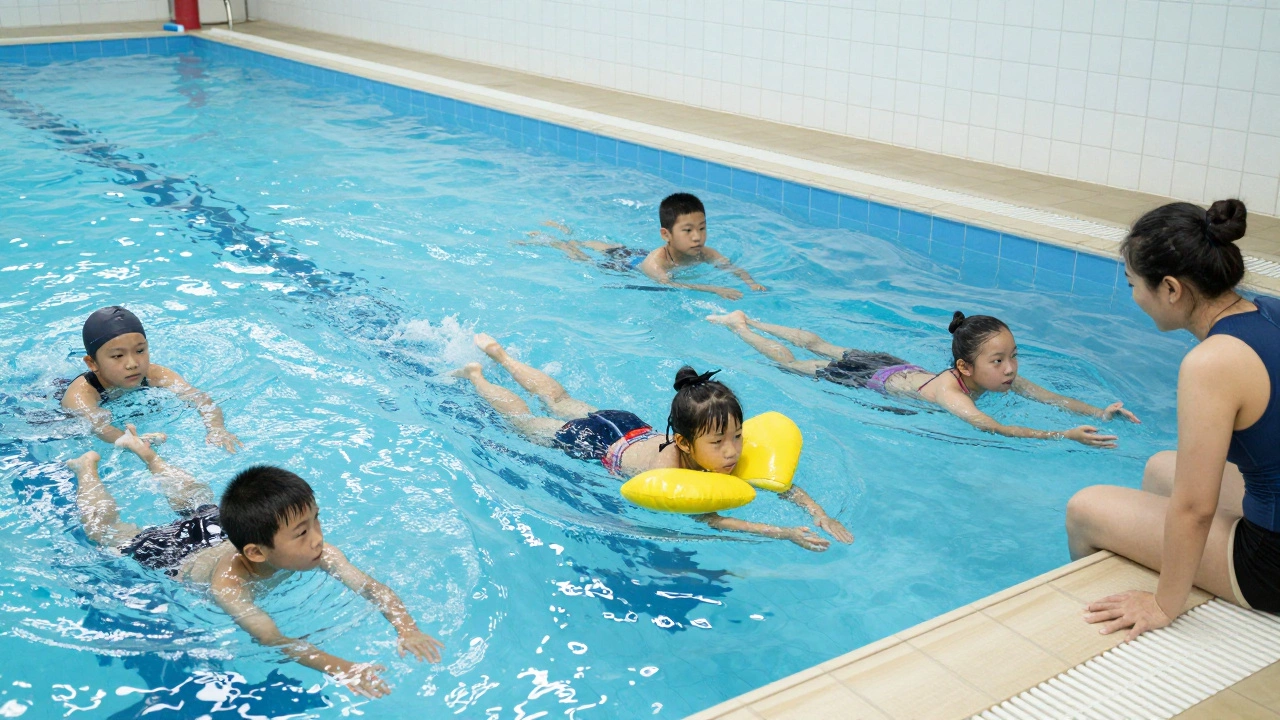A group of children and adults learning to swim together in a community pool with an instructor watching.
