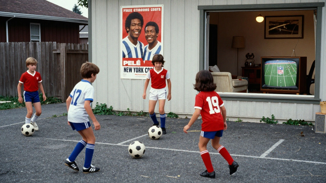 Children playing soccer in a 1970s American neighborhood with a poster of Pelé and an NFL game visible on a TV.