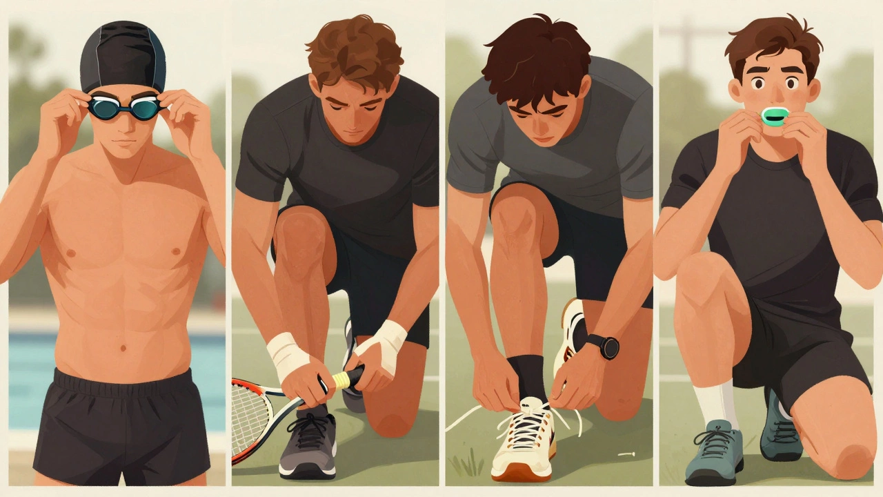 Four athletes preparing gear for different sports: swimming, tennis, running, and rugby.