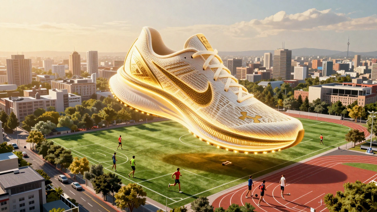 Glowing shoe trophy with four brand logos floating above global sports scenes under sunrise light.