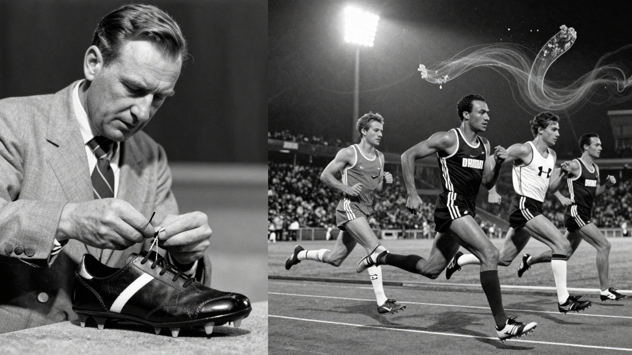 Historic cleat-making beside modern athletes in branded gear, with recycled plastic fibers swirling in the air.