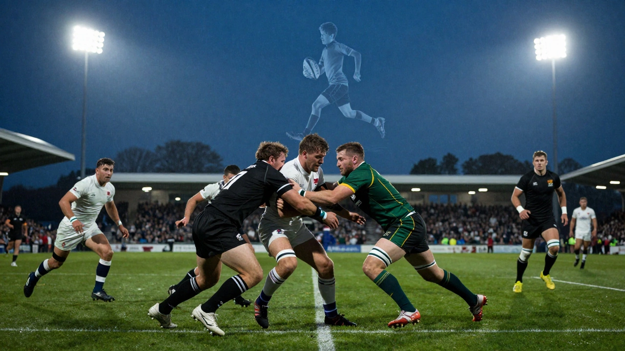 Modern rugby players collide in a powerful tackle under floodlights, with a ghostly image of the sport’s origin above them.