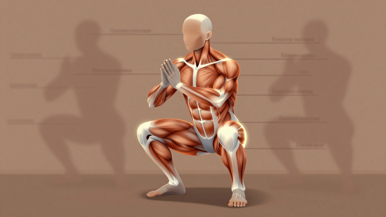 Someone squatting deeply with glowing pathways showing quadriceps and glutes working together.