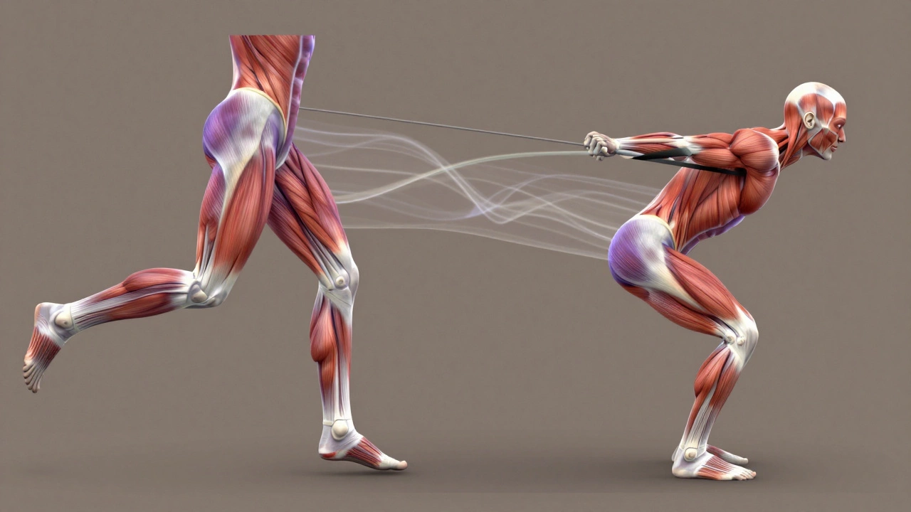 Split image showing a runner's muscle fibers and a single-leg deadlift, symbolizing efficient strength for marathon running.