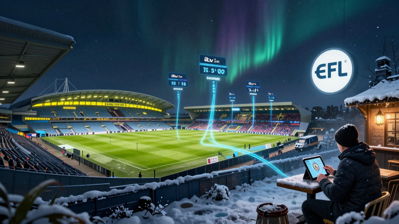 Split-screen of UK football: Premier League, FA Cup, and Championship games being watched across different settings.