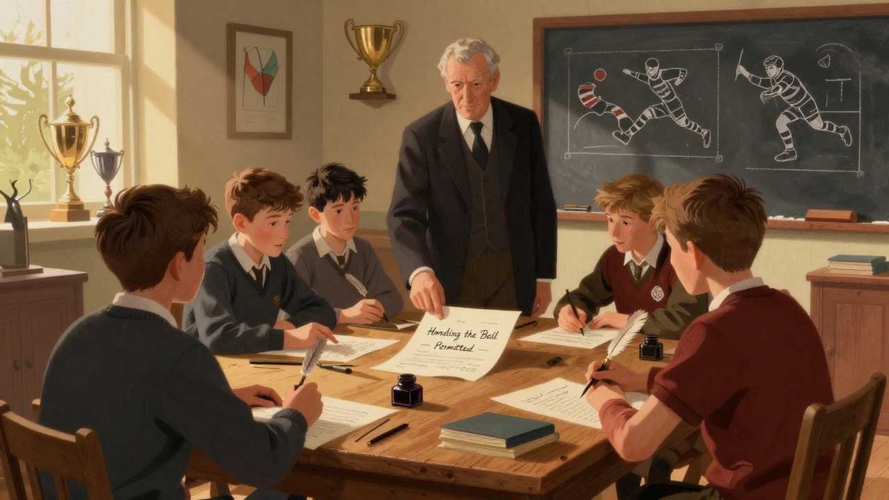 Students and a headmaster draft the first rugby rules at a wooden table in 1845, ink and parchment scattered around.