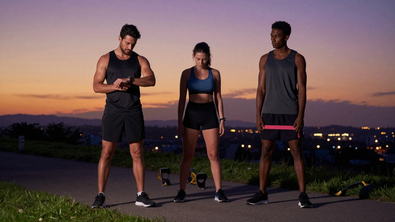 Three diverse athletes train together on a trail at sunset, visibly strong but lean, focused on running and strength.
