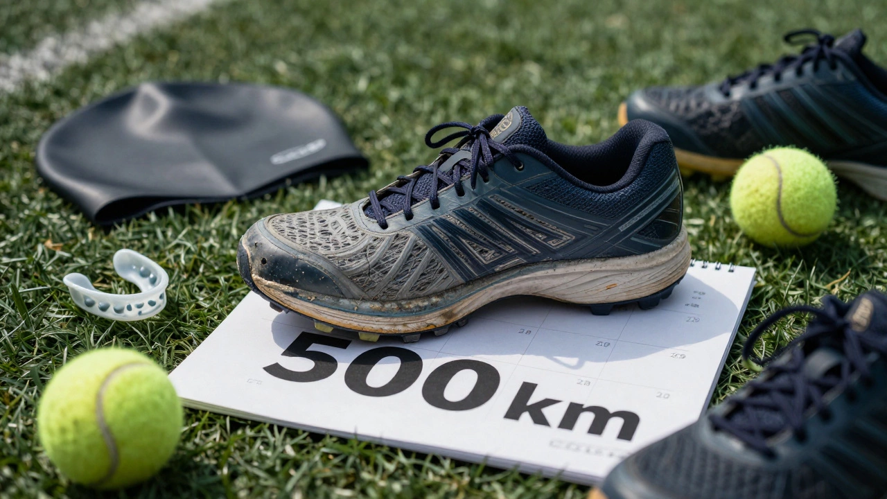 Worn running shoe on a calendar with expired gear items scattered around, symbolizing replacement needs.