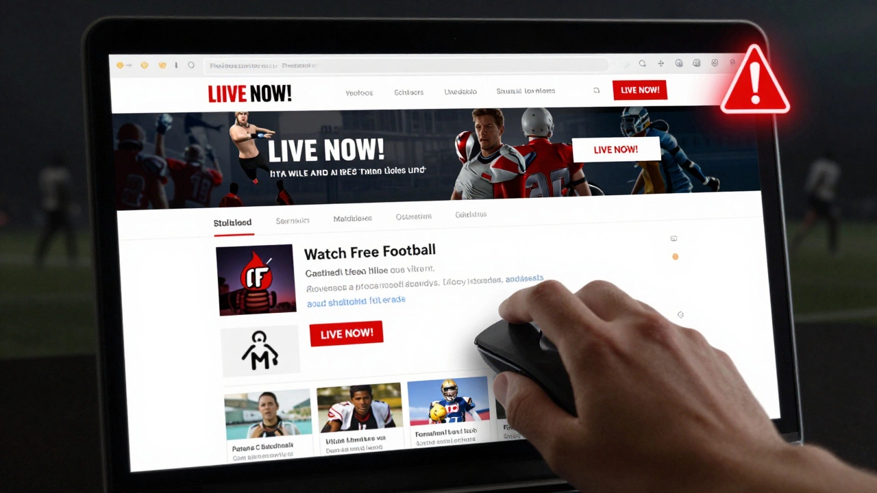 A dangerous fake football streaming site filled with pop-up ads and malware warnings.