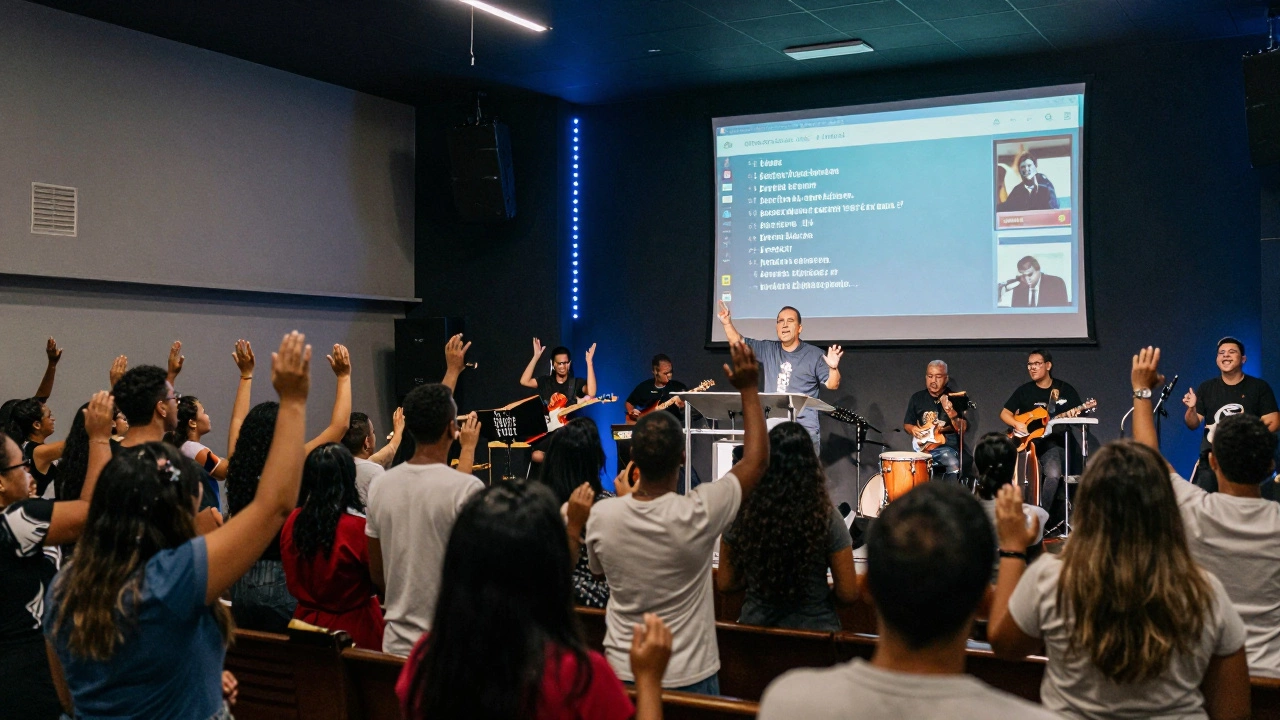 A lively Pentecostal church service in São Paulo with worshippers raising hands and a band playing modern music.