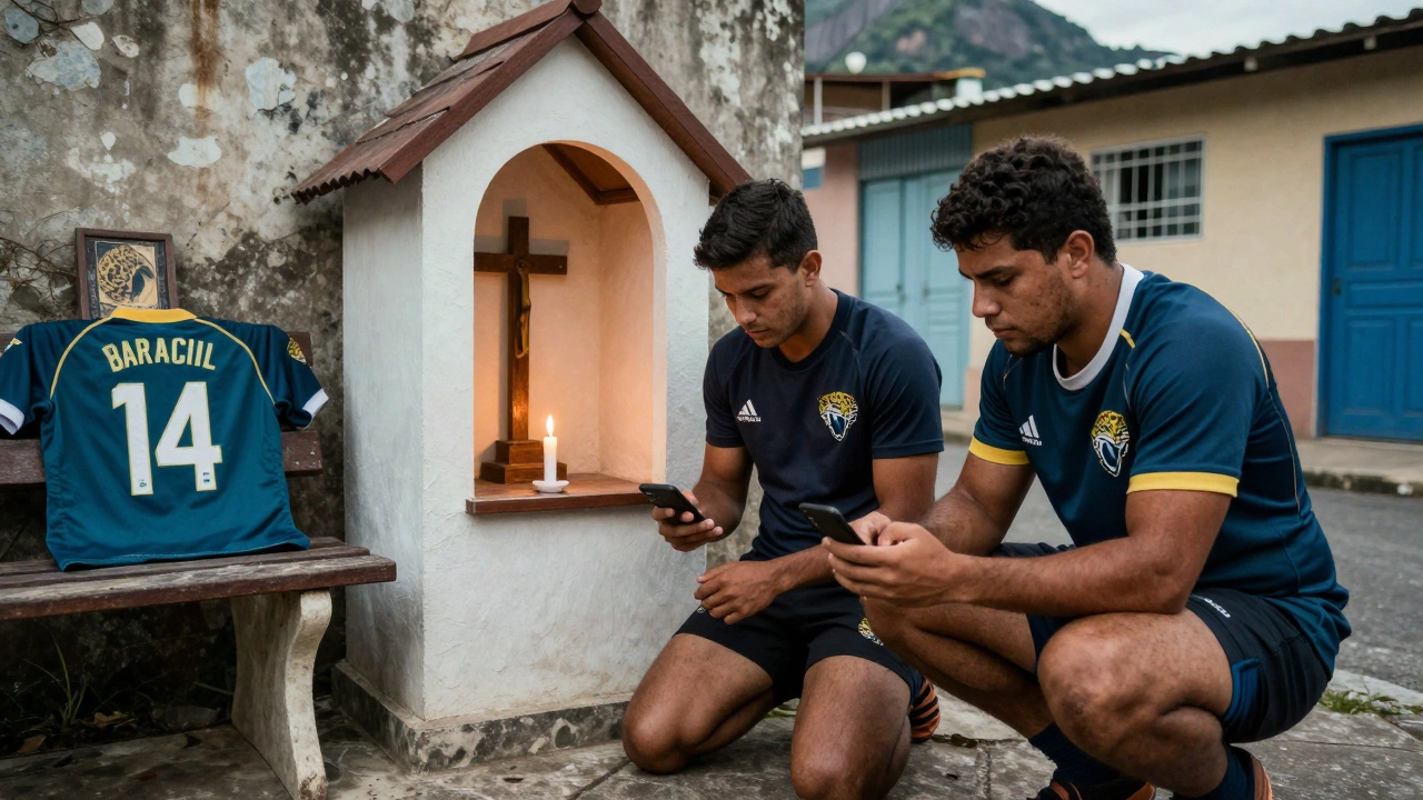 A rugby player praying at a Catholic shrine beside another player using a phone, symbolizing blended faith in Brazil.