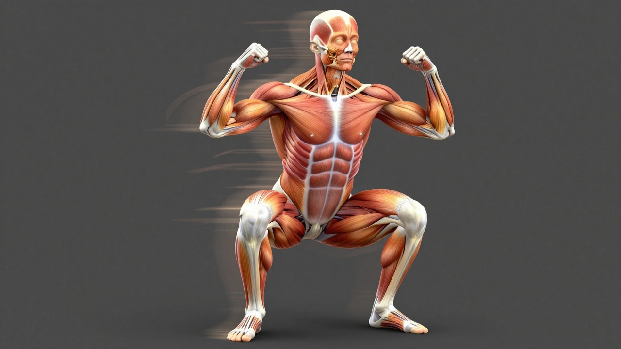Anatomical illustration showing glowing muscle groups activating during a squat, with force transfer from feet to shoulders.