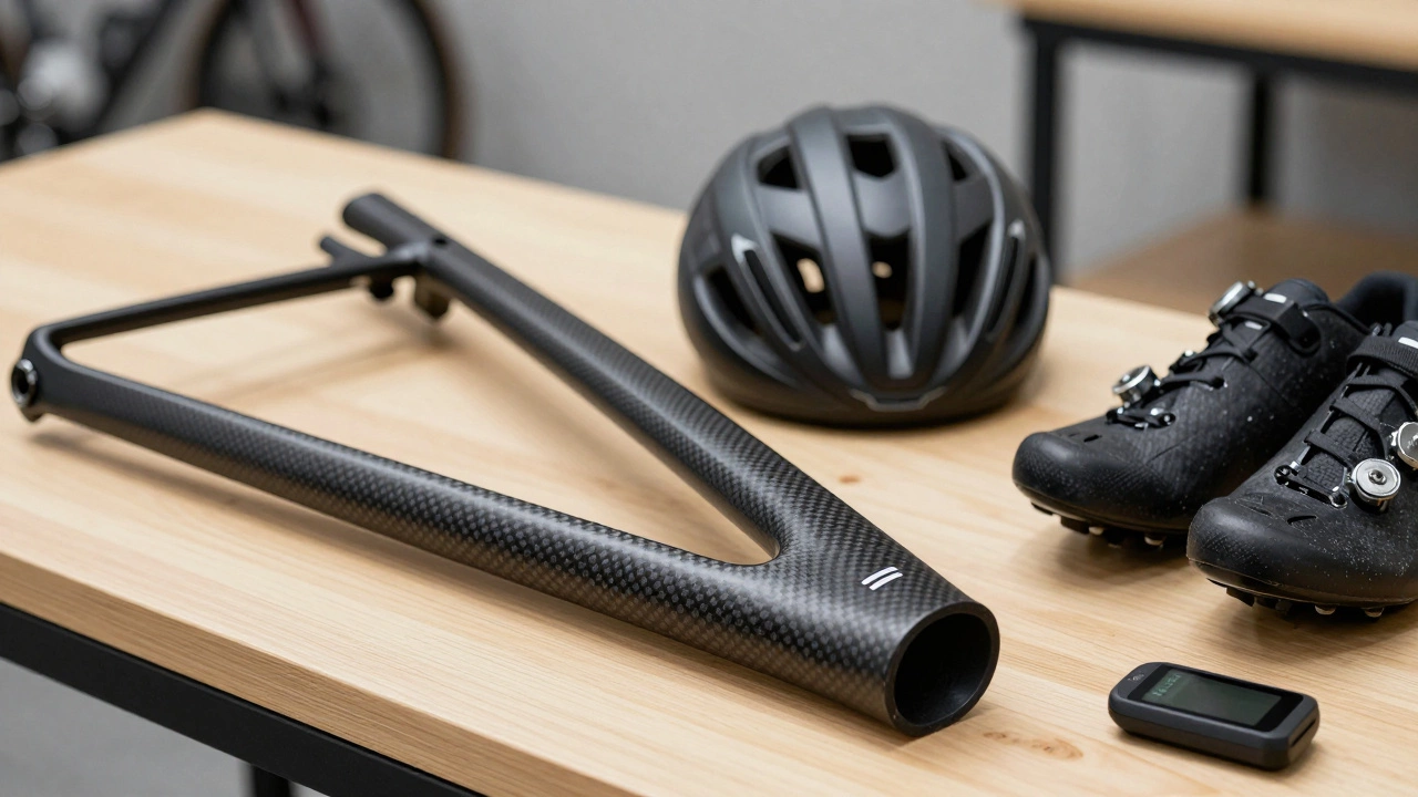 Carbon bike frame, helmet, and shoes on a workbench.