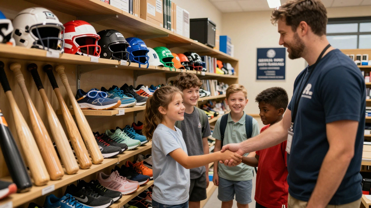 Community gear library in Bristol with children borrowing sports equipment like bats and helmets.
