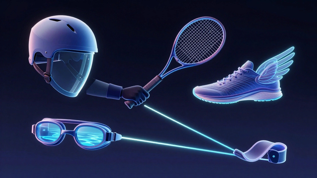 Conceptual art showing sports gear as extensions of an athlete’s body—helmet, racket, shoes, goggles, and bands glowing with energy.