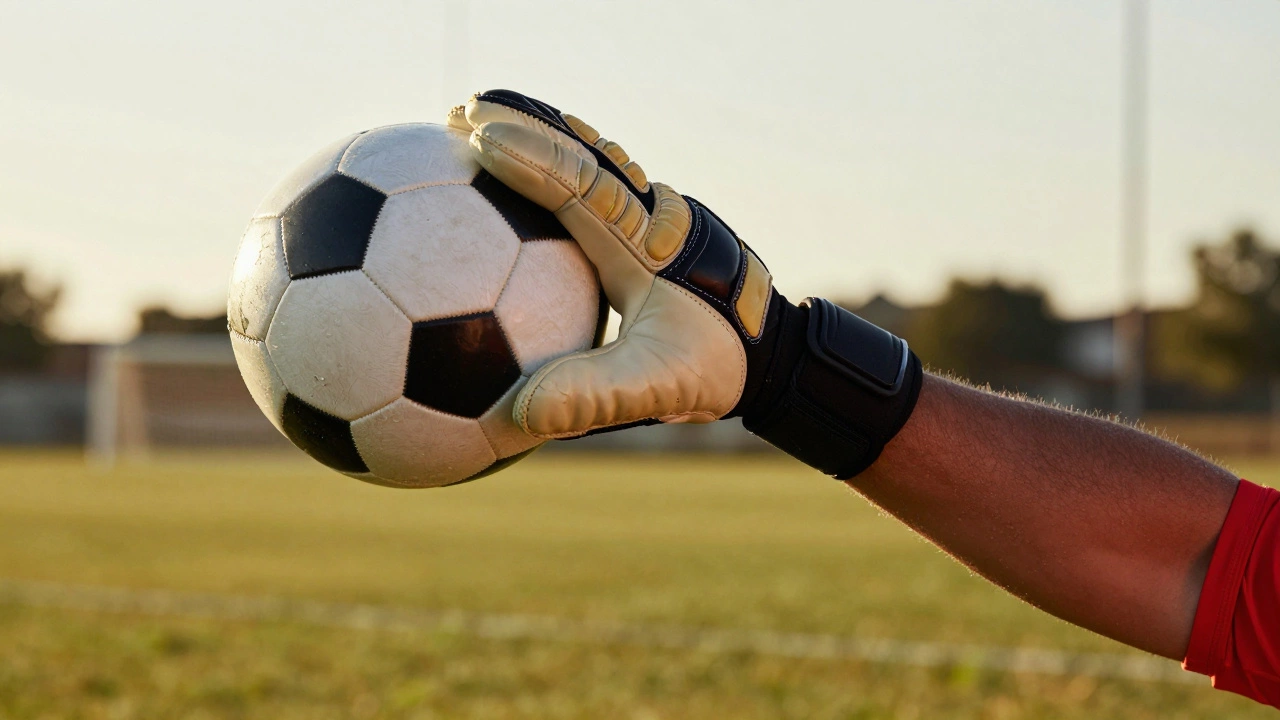 Goalkeeper's glove catching a soccer ball, sweat on forearm, jersey fabric stretched, blurred grassy field in background.