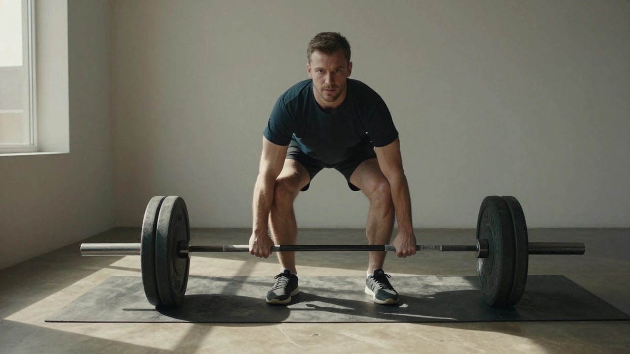 Individual doing a deadlift with barbell in a minimalist home gym.