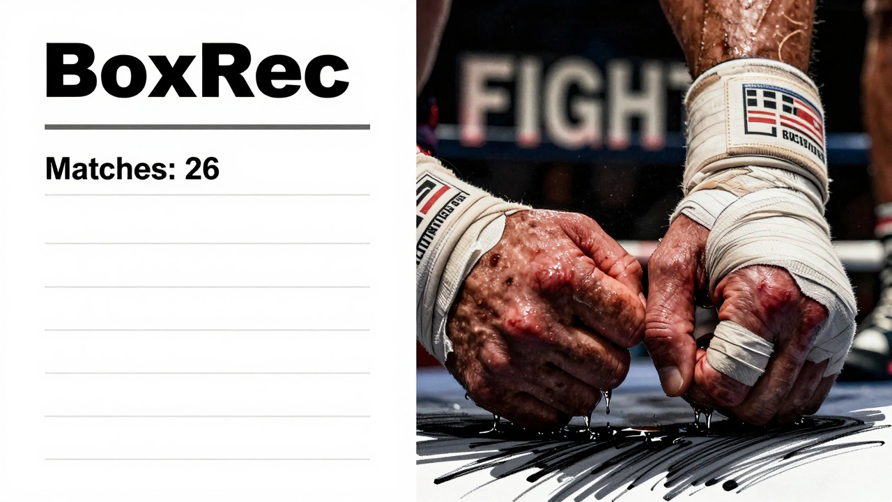Left: official boxing record sheet; right: close-up of a fighter's scarred, taped knuckles dripping sweat.