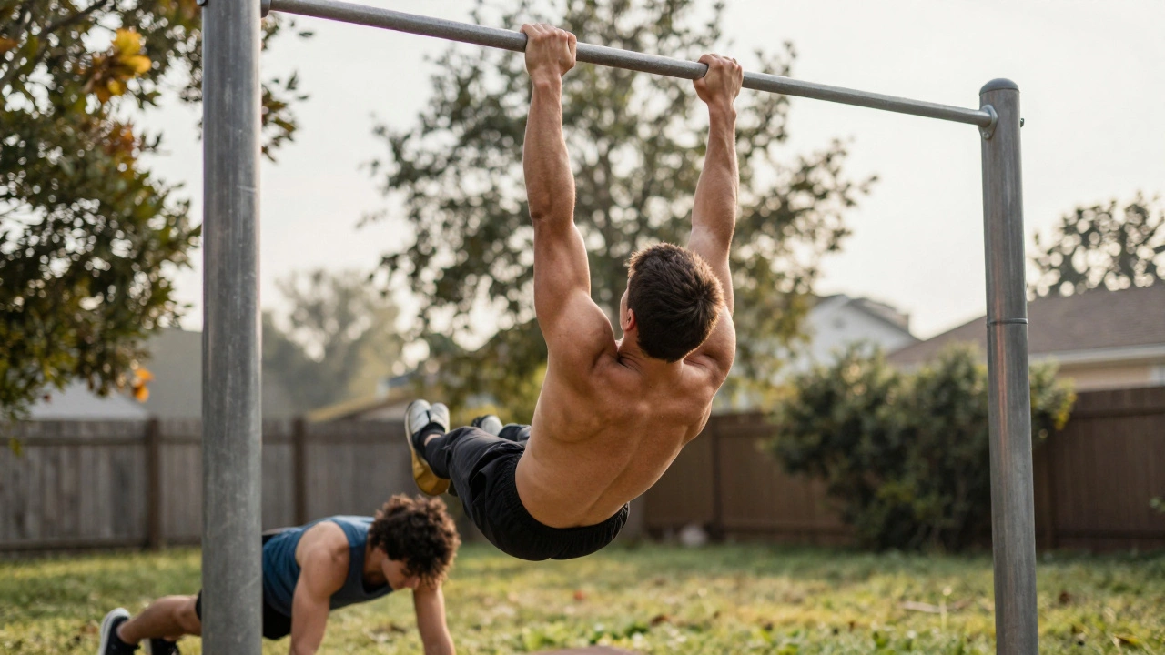 Person completing a pull-up on a backyard bar while push-ups are nearby.