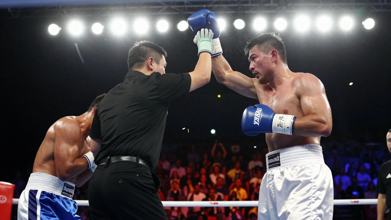 Referee raising winning boxer's hand in arena with confetti falling.