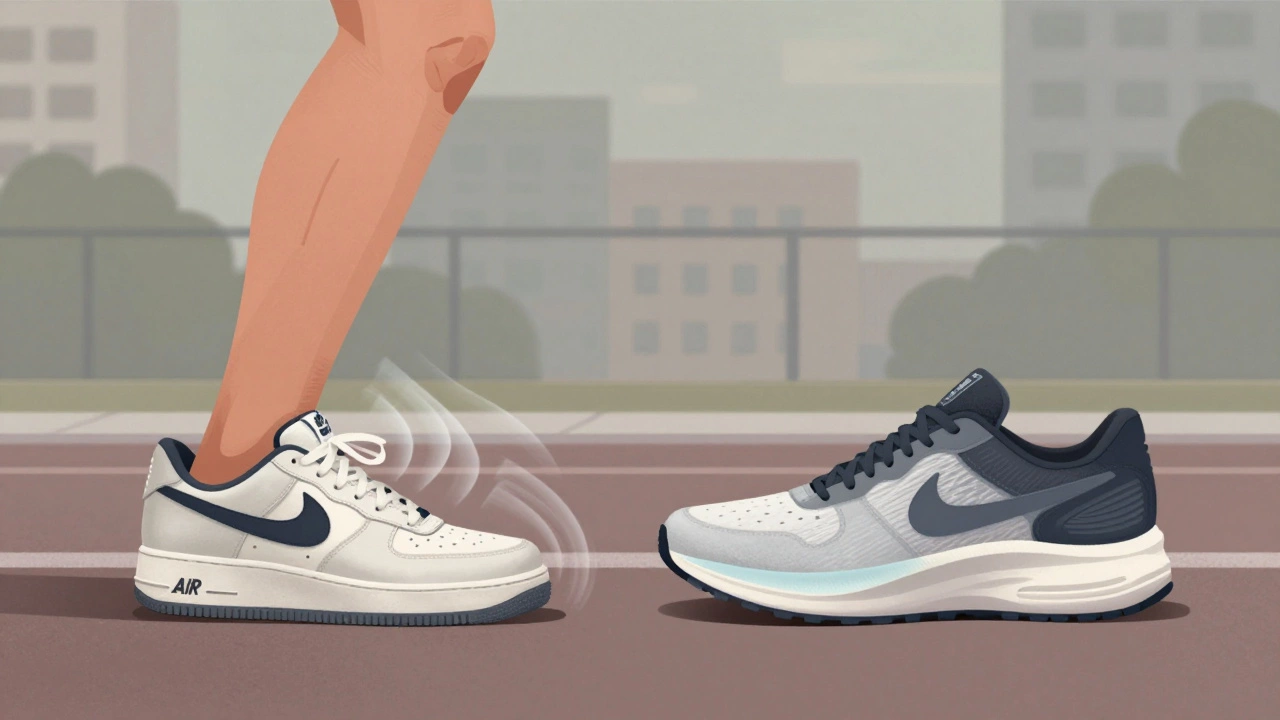 Split illustration comparing rigid Air Force 1 sole transmitting impact to joints versus a running shoe absorbing shock smoothly.