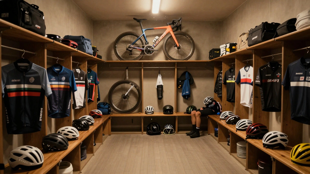 Team locker room with bikes racked and jerseys hung.