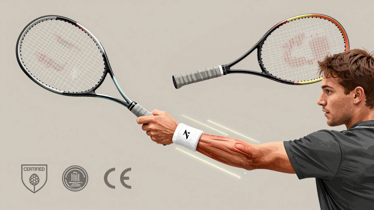 Tennis swing with biomechanical overlays showing vibration dampening and wrist strain reduction.