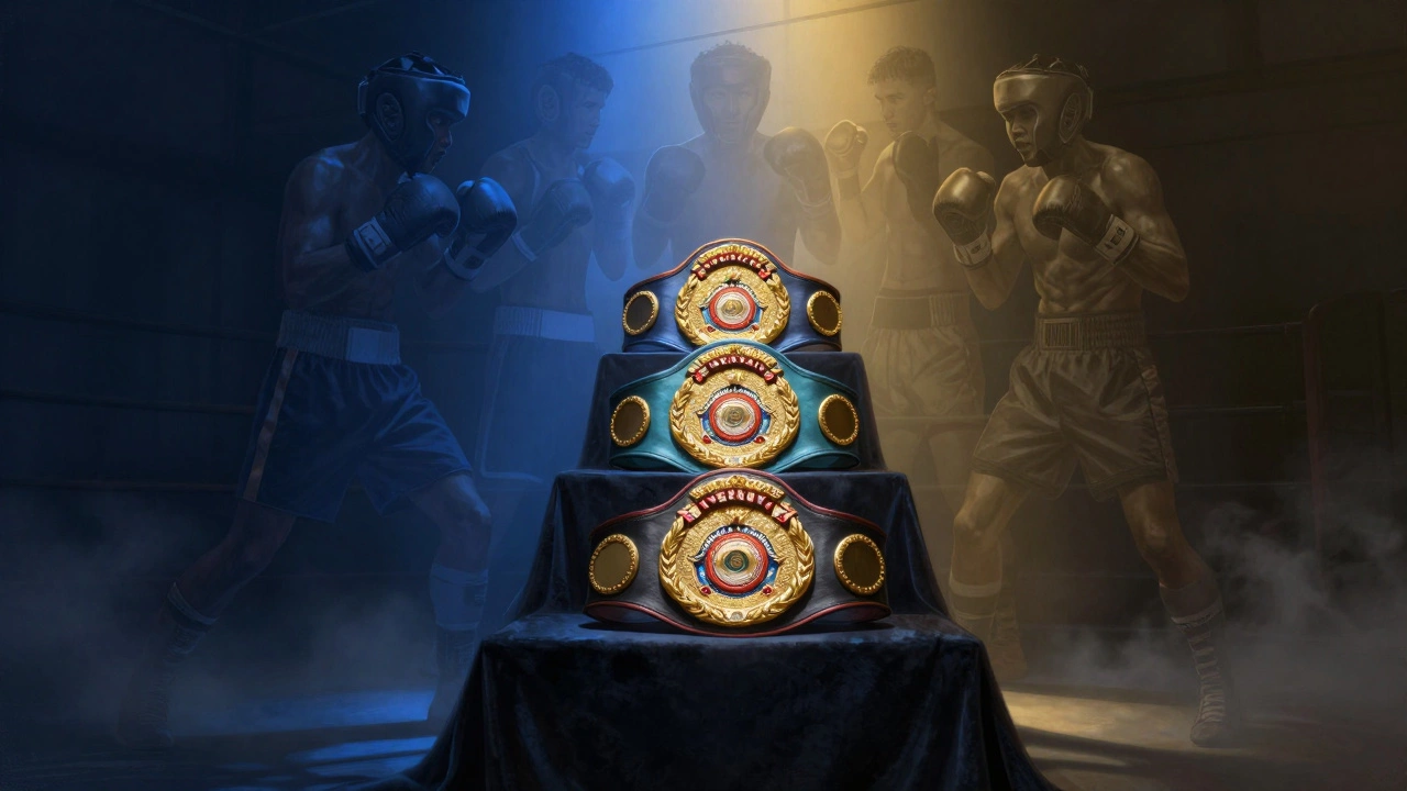Three championship belts stacked on a podium against a dark gym wall.