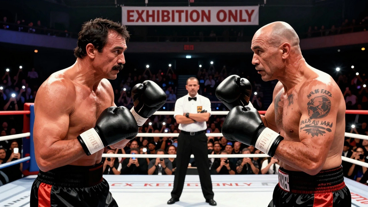 Two aging boxing legends exchange slow punches in a stadium ring with oversized gloves, no belts, and a crowd holding phones.