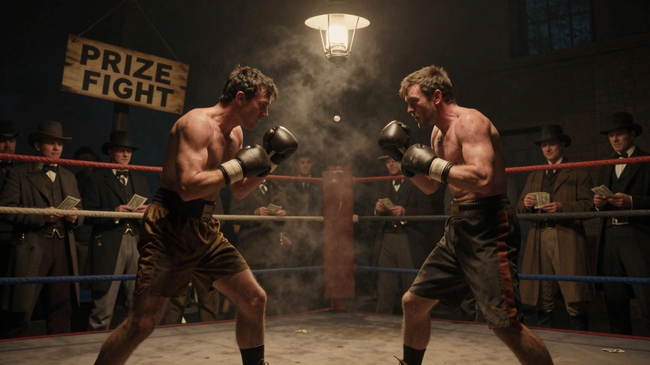 Two bare-knuckled fighters in 19th-century attire brawl in a dim outdoor ring with a crowd holding cash, under a flickering gaslamp.