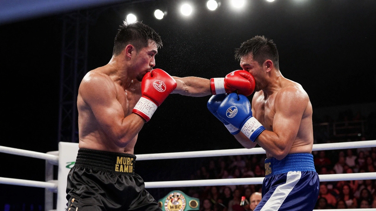 Two professional boxers in the ring mid-punch, bright lights highlighting sweat and motion, WBC belt in foreground.