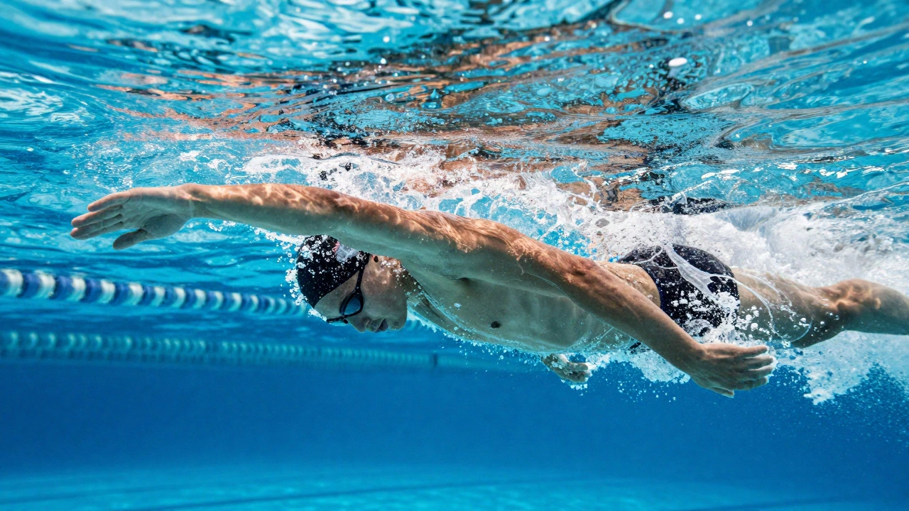 Underwater view of adult swimming freestyle with streamlined posture