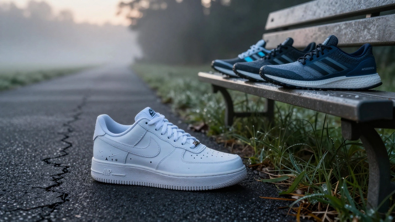 Worn-out Air Force 1 on a trail beside three modern running shoes, glowing softly in dawn light.