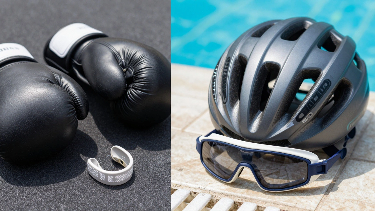 A collection of protective sports gear including boxing gloves, a cycling helmet, and swim goggles.