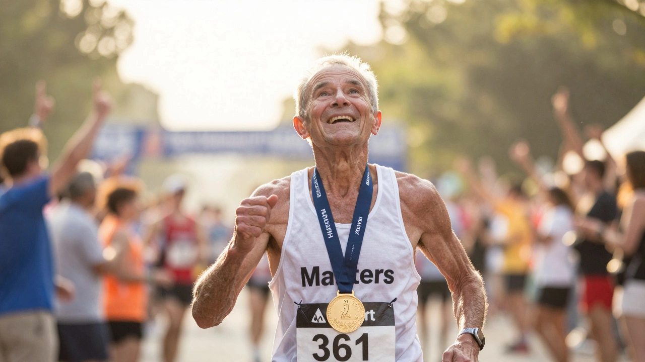 A joyful runner over 60 crossing the marathon finish line with a medal.