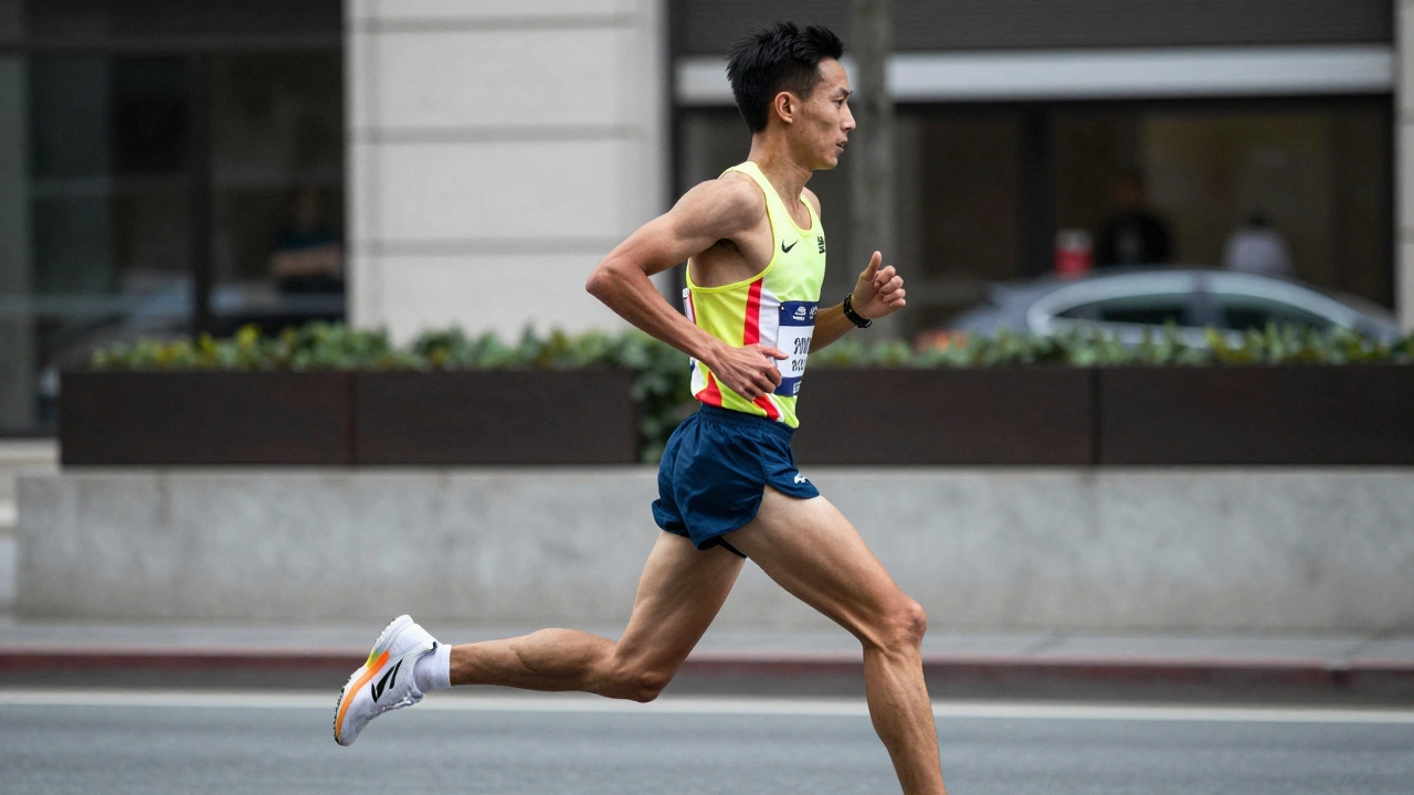 A professional athlete in their late 20s running at high speed during a marathon.
