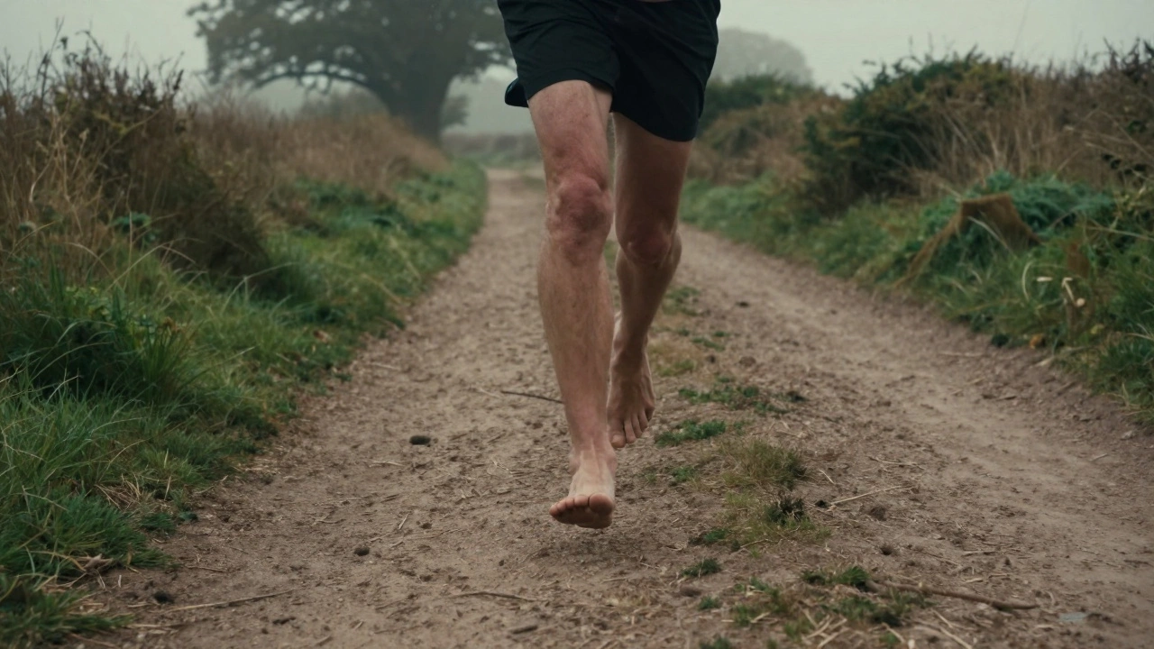 Barefoot runner jogging on a dirt path in the misty English countryside.