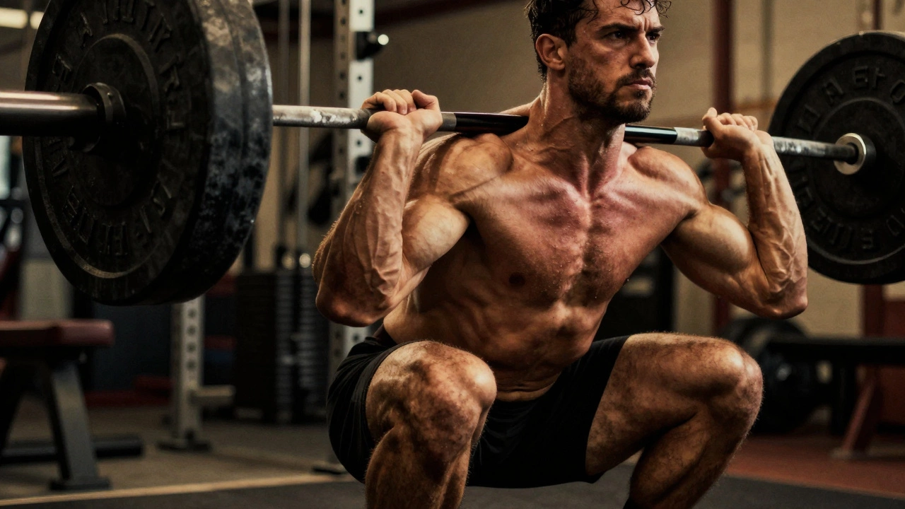Close-up of a person performing a heavy barbell squat with intense muscular effort