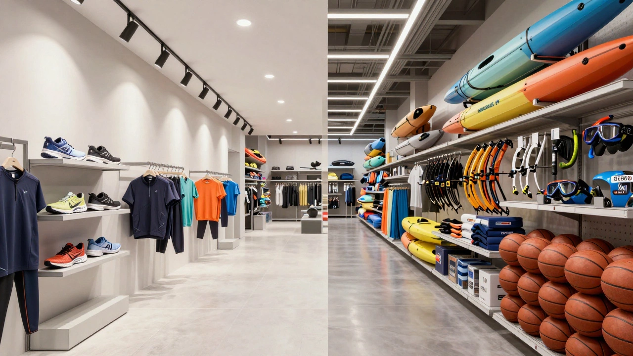 Comparison between a luxury sports boutique and a massive multi-sport warehouse store.