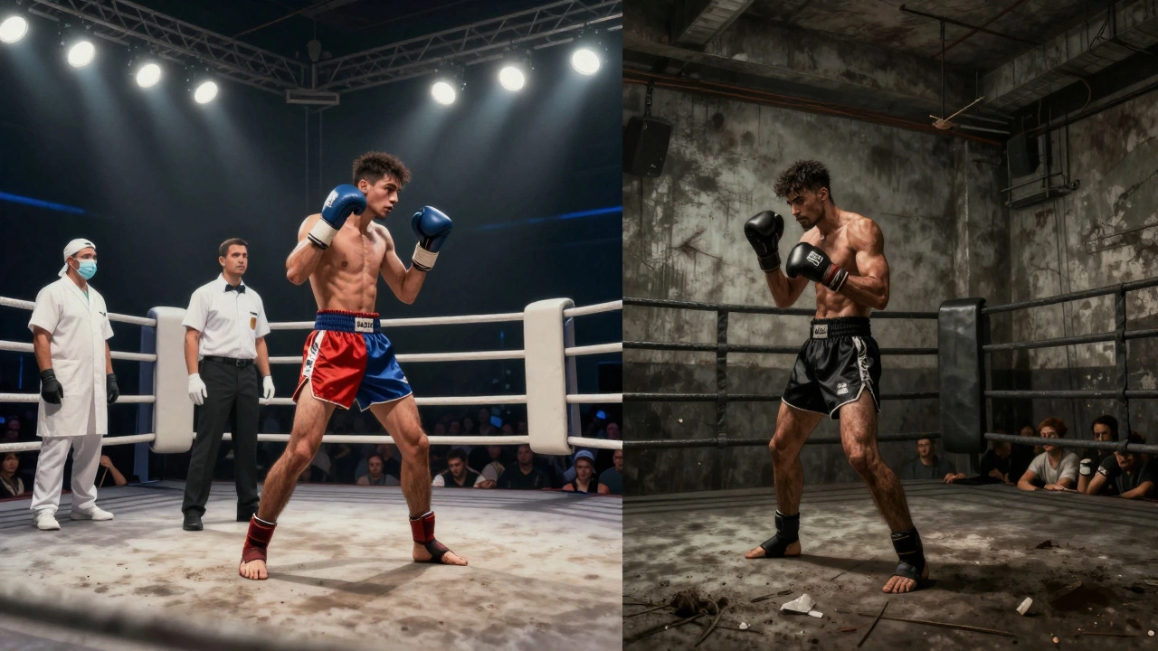 Comparison between a professional regulated fight and an illegal basement bout