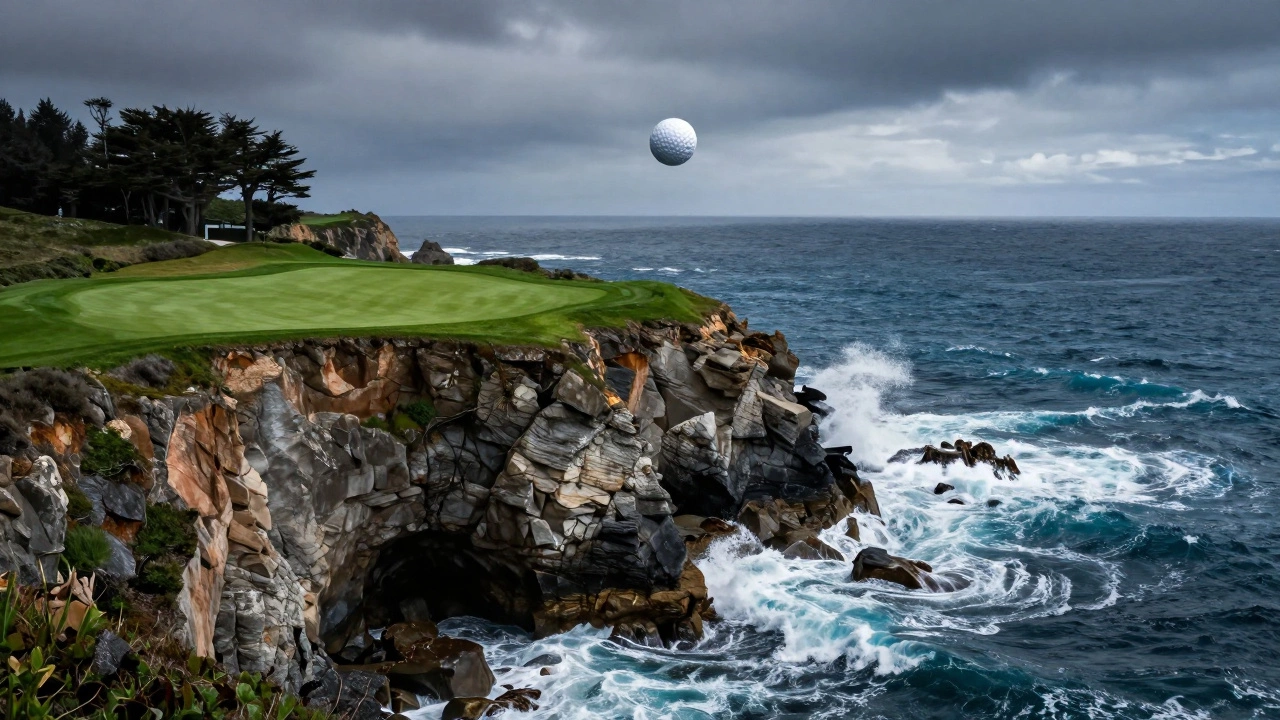 Dramatic coastal golf fairway on a cliff edge overlooking the stormy blue Pacific Ocean