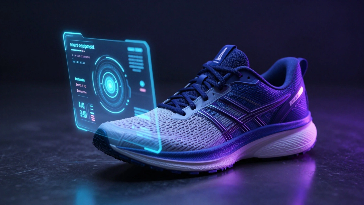High-tech running shoe surrounded by holographic AI data and digital sensors.