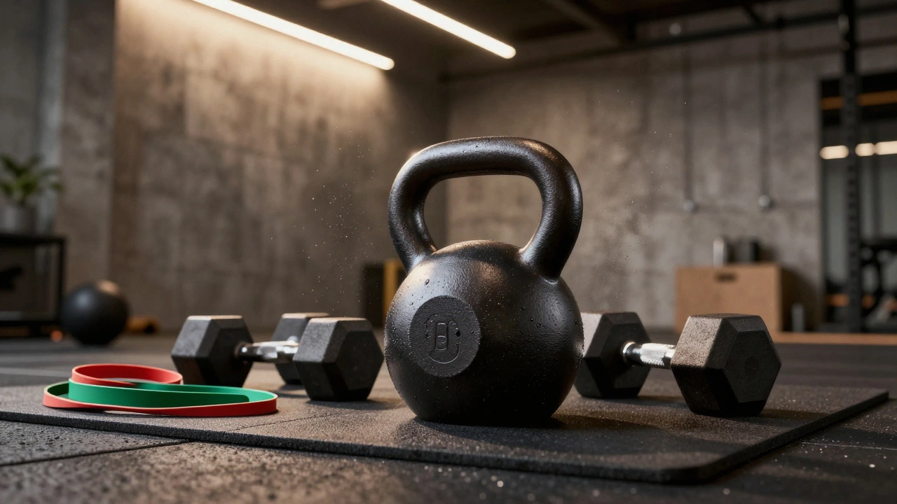 Kettlebells, dumbbells, and resistance bands on a gym mat in an industrial room.