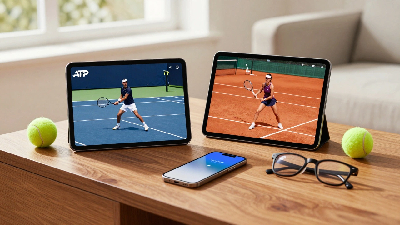 Tablet and smartphone side-by-side showing both ATP and WTA tennis matches on a table.