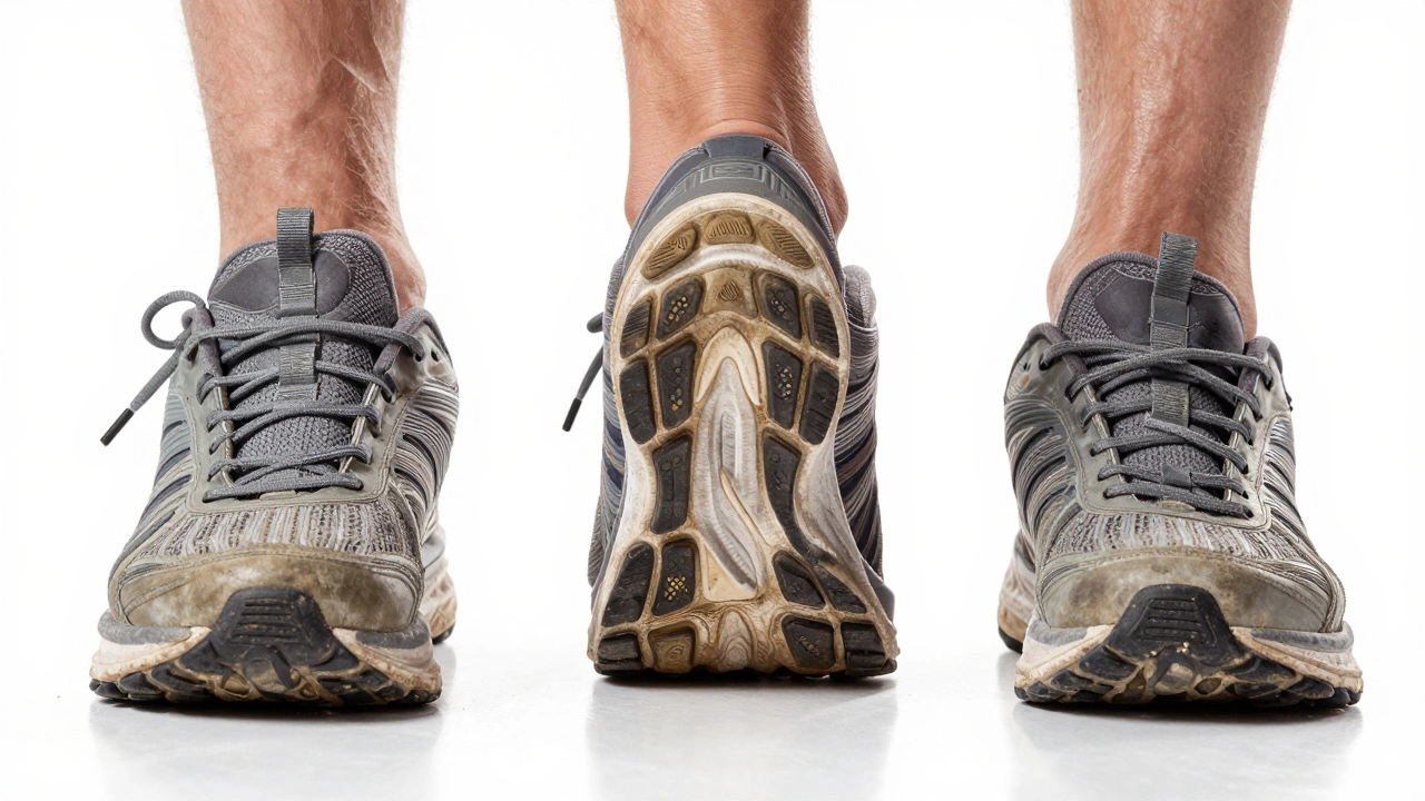 Three pairs of worn running shoe soles demonstrating different wear patterns.