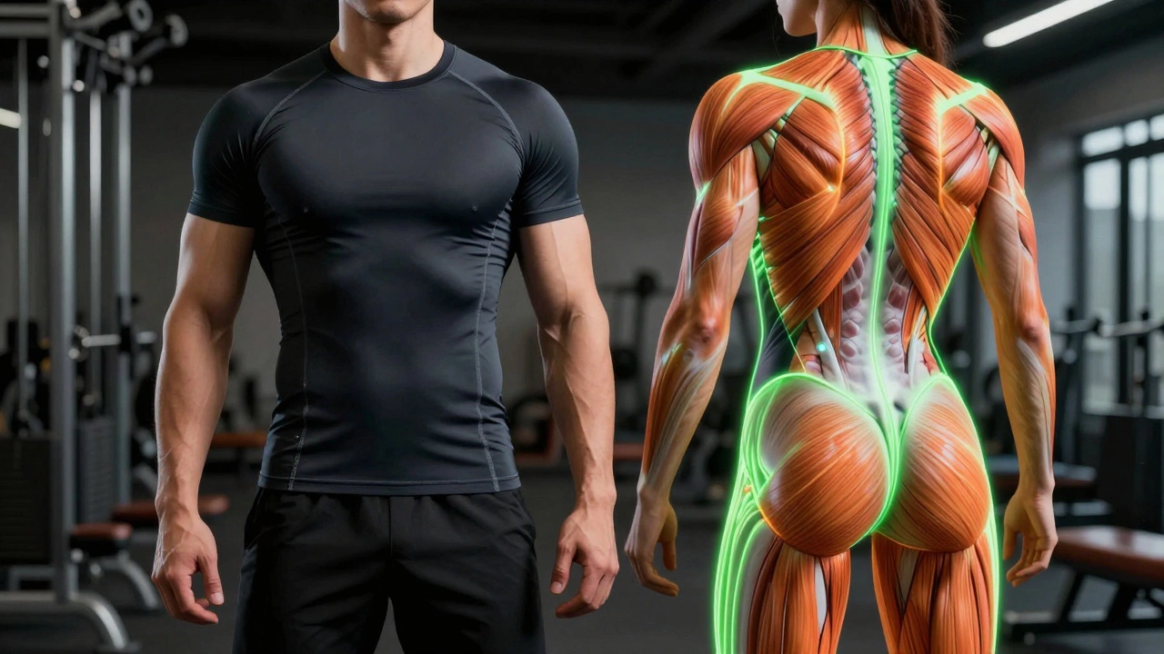 Weightlifter in a smart compression shirt showing glowing muscle activation data