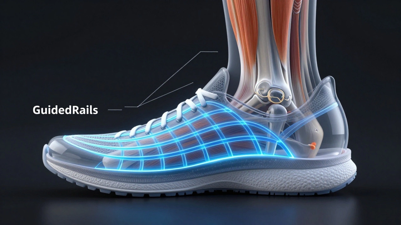 3D visualization of GuidedRails technology supporting foot alignment within a shoe sole.