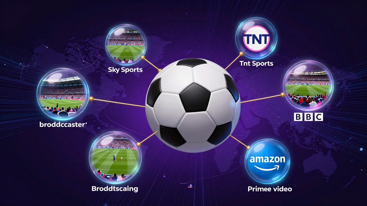Abstract illustration of soccer broadcasting rights split between various streaming services.