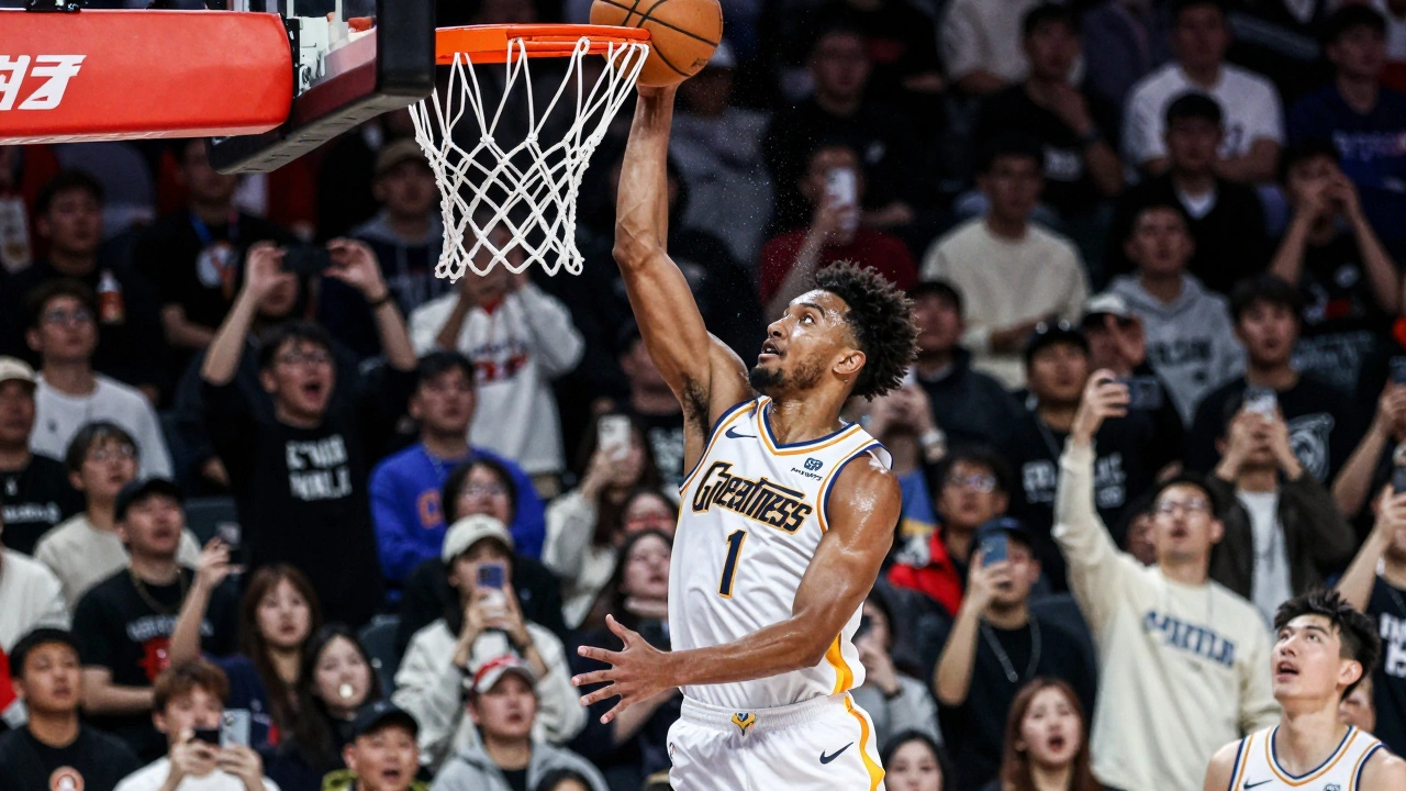 Basketball player dunking intensely during a high-energy G League match