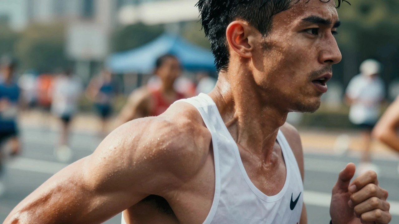 Close-up of a determined runner's face showing intense focus and effort.